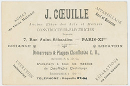 Une Ancienne Carte De Visite - Constructeur Electricien - J Coeuille - Paris - Visitekaartjes