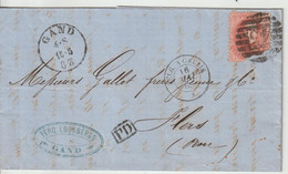 Belgique 1865 Lettre De Gand Pour La France Flers (61) Avec Passage Belg à Calais - Bureaux De Passage