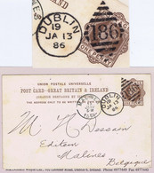 Ireland 1886 Q Victoria UPU 1d Brown Post Card Used To Belgium Cancelled DUBLIN/186 Duplex For JA 13 - Ganzsachen