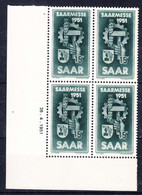 Saar Sarre 1951, Error (Plattenfehler) Mi#306 Pf I (error On Down Right Stamp), Mint Never Hinged Piece Of 4, Plus Br - Ungebraucht