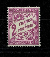 ANDORRA ANDORRE 1938-41 TAXE 2 Francs à Percevoir Violet * Très Légère Trace De Charnière (discrète) - Neufs