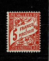 ANDORRA ANDORRE 1938-41 TAXE 5 Francs à Percevoir Orange * - Neufs