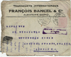 CTN38 - SALVAGED MAIL ALEXANDRIA/LONDON 25/3/1918 - NAVIRE TORPILLE EN MEDITERRANEE - DECALQUE D'UN TP AU VERSO - 1915-1921 Protettorato Britannico