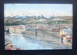 38 GRENOBLE AUTRE VUE DE GRENOBLE PEINT A L'HUILE SUR PANNEAU LE QUAI DE L'ISERE  SIGNE L DEL - Olieverf