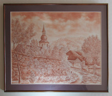 GRAND TABLEAU - VUE D'UN VILLAGE FRANÇAIS - DESSIN AU PASTEL - Pastell