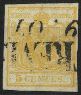 O 1850, 5 Cent. Giallo Arancio, Filigrana, Cert. Goller (Sass. 1g) - Lombardo-Vénétie