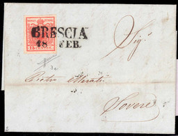 Cover 1850, 15 Cent. Rosso Vermiglio Chiaro Su Lettera Da Brescia, Firm. Sorani (Sass. 3e) - Lombardo-Vénétie