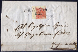 Cover 1850, 15 Cent. Rosso Vermiglio, Secondo Tipo, Bordo Di Foglio A Sinistra, Su Lettera Da Chiavenna, Firm. Sorani E  - Lombardo-Vénétie