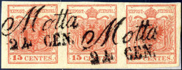 O 1850, 15 Cent. Rosso III°tipo Striscia Di Tre Su Piccolo Frammento Usato A Motta 24.GEN, Splendido, Firmato Colla, Sas - Lombardo-Vénétie