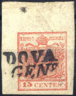O 1850, 15 Cent. Rosso Vivo III°tipo Con Angolo Di Foglio Ca.11x6mm, Usato, Cert. Sottoriva, Sass. 6b - Lombardo-Venetien