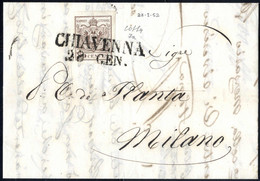 Cover 1850, 30 Cent. Bruno Chiaro Prima Tiratura Su Lettera Da Chiavenna 28 GEN. A Milano, Splendido, Firmato Colla, Sas - Lombardo-Venetien
