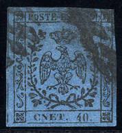 O 1852, "CNET. 40.", Errore Tipografico Su 40 Cent. Azzurro Scuro, Splendido, Firmato A. Diena (Sass. 10f / 1300,-) - Modène