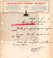 87- LIMOGES- RARE FACTURE IMPRIMERIE LITHOGRAPHIE-TYPOGRAPHIE PIERRE DUMONT - 3 RUE DU CLOCHER -1921 - Drukkerij & Papieren