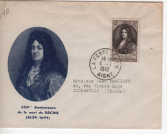 Enveloppe 1er Jour Avec N° 848 Jean Racine Oblitérée La Ferté Milon 4/7/49 - ....-1949