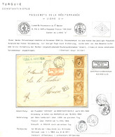 1866 10c (n°21) Bande De 4 Pd Obl. ANCRE + LIGNE U PAQ FR N°4 + CONSTANTINOPLE P.FR U Sur Lettre Pour La FRANCE. Associa - Storia Postale