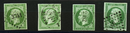 Sélection De 4 Timbres 5c (n°12) Nuance Vert Mousse, Vert Jaune, VERT, Vert Fonçé. Tous Signés SCHELLER. Qualité Choisie - 1853-1860 Napoleone III