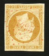 "PETIT CHIFFRE En Rouge" 10c JAUNE CITRON (n°13Aa) Obl. PC 1495 En Rouge. Rare. TTB. - 1853-1860 Napoléon III