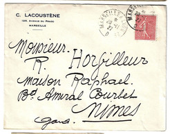 MARSEILLE A LYON 2° D Lettre Entête LACOUSTENE Av Prado 50c Semeuse Lignée Yv 199 Ob 20 11 1927 - Covers & Documents