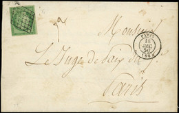 Let EMISSION DE 1849 - 2    15c. Vert, Obl. GRILLE S. LAC, Càd PARIS 18/12/50, TB - 1849-1876: Classic Period