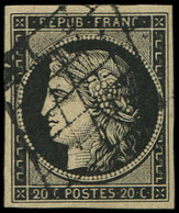 EMISSION DE 1849 - 3h   20c. Noir INTENSE S. Blanc, Obl. GRILLE, TB - 1849-1850 Ceres