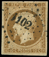 PRESIDENCE - 9d   10c. Bistre-brun FONCE Obl. PC 1102 De DIJON, Jolie Nuance, TB, Certif. Calves - 1852 Louis-Napoleon