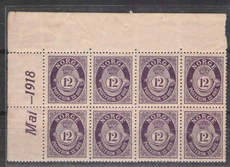 NORWAY - SHEET 8 STAMPS 12 ÖRE MAI 1918 MNH/** Mi #80 / Q - Nuovi