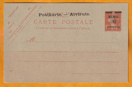 Entier Carte Postale 10 F Semeuse Camée Surchargé Memel 30pf Postkarte Atvirute - Neuf MNH - Nuovi