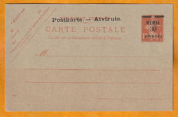Entier Carte Postale 10 F Semeuse Camée Surchargé Memel 30pf Postkarte Atvirute - Neuf MNH - Neufs