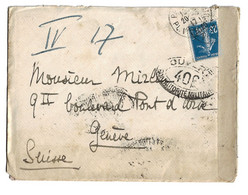 PARIS 3 Lettre Etranger Suisse Censure Militaire 406 Ob 20/5/1917 Semeuse 25 C Bleu Yv 140 - 1. Weltkrieg 1914-1918