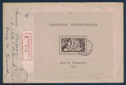 CALEDONIE - BLOC EXPOSITION INTERNATIONALE ARTS ET TECHNIQUES 1938 SEUL SUR LETTRE RECOMMANDÉ De NOUMEA Pr LA FRANCE - Briefe U. Dokumente