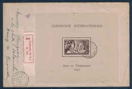 CALEDONIE - BLOC EXPOSITION INTERNATIONALE ARTS ET TECHNIQUES 1938 SEUL SUR LETTRE RECOMMANDÉ De NOUMEA Pr LA FRANCE - Covers & Documents