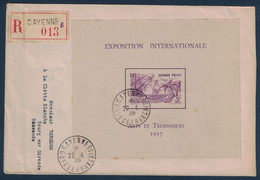 GUYANE - BLOC EXPOSITION INTERNATIONALE ARTS ET TECHNIQUES 1938 SEUL SUR LETTRE RECOMMANDÉ De CAYENNE Pr LA FRANCE - Cartas & Documentos