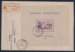 GUYANE - BLOC EXPOSITION INTERNATIONALE ARTS ET TECHNIQUES 1938 SEUL SUR LETTRE RECOMMANDÉ De CAYENNE Pr LA FRANCE - Briefe U. Dokumente