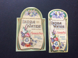 2 ÉTIQUETTES DE PARFUM   IXORA WATER  Distillée Sur Fleurs  Jn.GIRAUD FILS  Grasse Paris - Etiketten