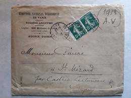 Lettre COMPTOIR NATIONAL D'ESCOMPTE De Paris, Agence D' AGEN Lot Et Garonne Perforé C N E / Paire Semeuse 137, 1913, TB - Storia Postale