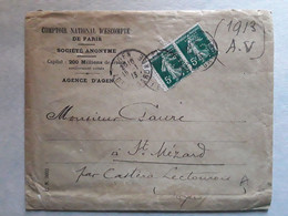 Lettre COMPTOIR NATIONAL D'ESCOMPTE De Paris, Agence D' AGEN Lot Et Garonne Perforé C N E / Paire Semeuse 137, 1913, TB - Cartas & Documentos