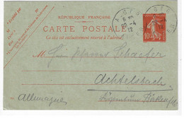 ALGER Carte Postale Entier 10c Semeuse Yv 138-CP1 Mill 003 Dest ACHTELSBACH  Allemagne Ob 29 4 1912 Rédigé En Allemand - Cartoline Postali E Su Commissione Privata TSC (ante 1995)