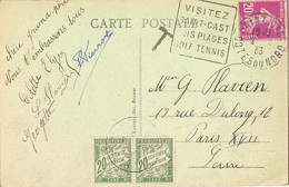 ST CAST COTES DU NORD DAGUIN 2-8-33 TAX֤ÉE 40 C. ( CP + 5 Mots Afft 20 C.)  À PARIS XVII DISTRIBUTION Le 3-8 - 1859-1959 Lettres & Documents