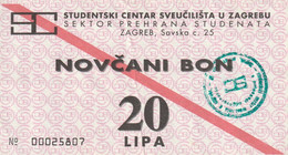 CROATIA  -  NOVCANI BON  20 LIPA  --  STUDENTSKI CENTAR ZAGREB  --  UNIVERSITY - Croatie