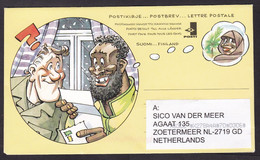 Finland: Stationery Cover To Netherlands, 2000s, Immigration, Lady, Cartoon, No Cancel Only Sorting Code (traces Of Use) - Lettres & Documents