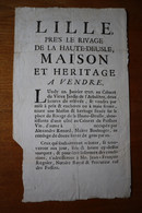 1727 Affiche Vente De Maitre REGNIER  Notaire Royal  à LILLE   Vieux LILLE Rivage De La Haute DEUSLE - Documents Historiques