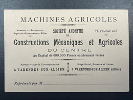 Carte De Visite Ancienne Machines Agricoles Constructions Mécaniques Et Agricoles Du Centre Varennes Sur Allier - Visitekaartjes
