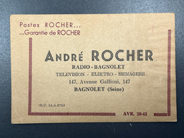 Carte De Visite Ancienne Postes Radio TSF André ROCHER Radio Bagnolet Télévision - Publicité Ancienne - Visiting Cards