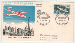 France // FDC // Poste Aérienne // Lettre 1er Jour Avion M.S. 760 "le Paris" 14.02.1959 - 1950-1959