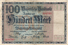 GERMANIA 100 MARK 1922-Bayerische Notenbank-  Wor:P-S923, Gra:BAY.004 VF - Non Classés