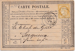 29523# CERES CARTE PRECURSEUR Obl AMIENS SOMME 1876 T18 Pour CHEF DE GARE DE SERQUEUX SEINE MARITIME MARQUE AU DOS - Tarjetas Precursoras