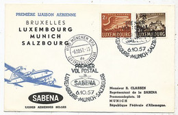 AVION AVIATION SABENA FDC PREMIER VOL POSTAL  BRUXELLES-LUXEMBOURG-MUNICH-SALZBOURG 1957 - Certificats De Vol