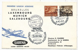 AVION AVIATION SABENA FDC PREMIER VOL POSTAL  BRUXELLES-LUXEMBOURG-MUNICH-SALZBOURG 1957 - Zertifikate