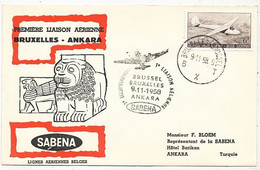 AVION AVIATION AIRWAYS SABENA FDC PREMIER VOL BRUXELLES-ANKARA  1958 - Vliegvergunningen