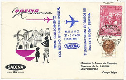 AVION AVIATION AIRWAYS SABENA FDC PREMIER VOL BOEING MILANO-LEOPOLDVILLE 1960 - Vliegvergunningen